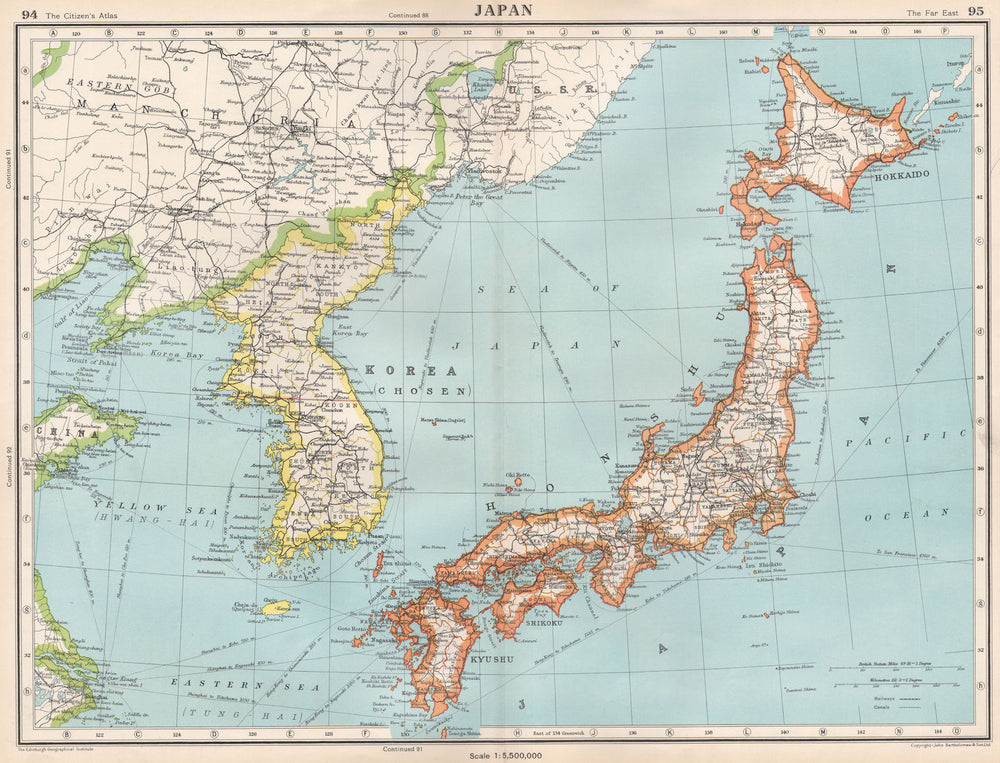 JAPAN & KOREA. Shows Korea pre-war division along 38th parallel 1952 old map