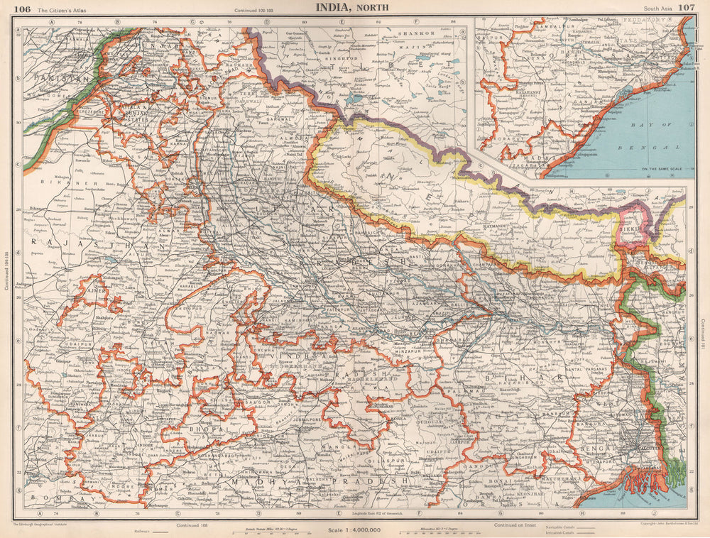 INDIA NORTH & NEPAL. Shows independent Sikkim. Bengal Orrissa 1952 old map