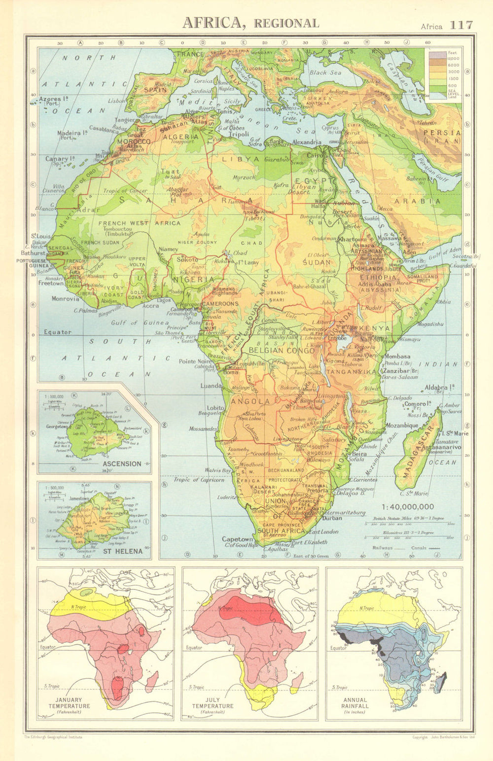 AFRICA PHYSICAL & CLIMATE.January July temperature.Rainfall.BARTHOLOMEW 1952 map