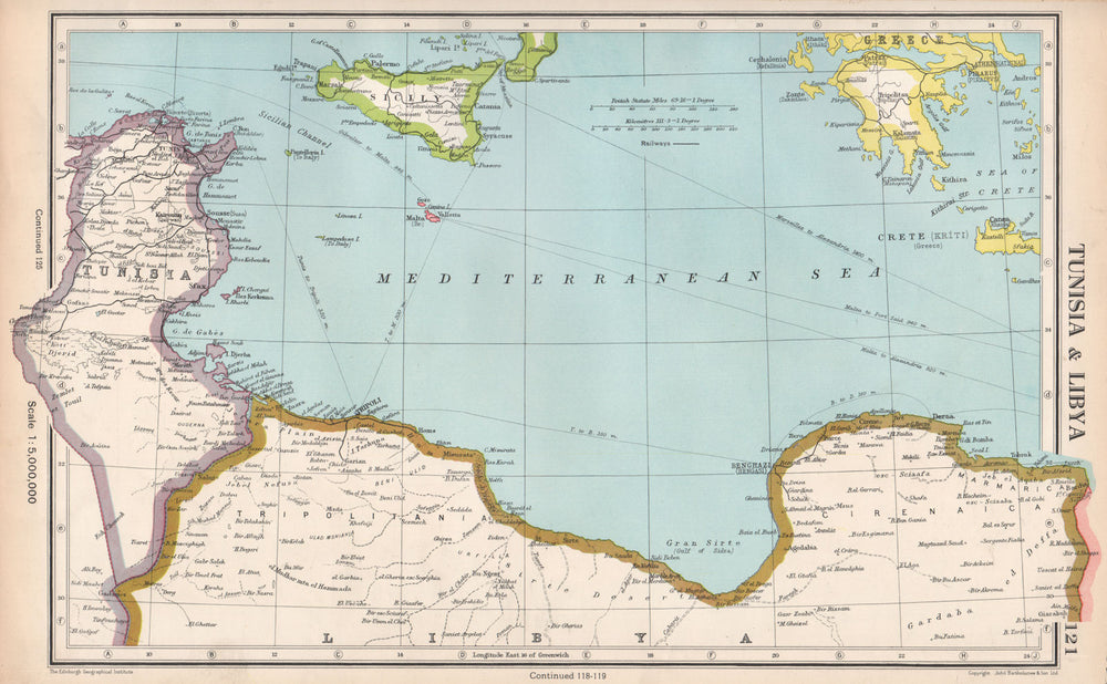 MEDITERRANEAN.Tunisia & Libyan coast.Sicily.Gulf of Sirte.BARTHOLOMEW 1952 map