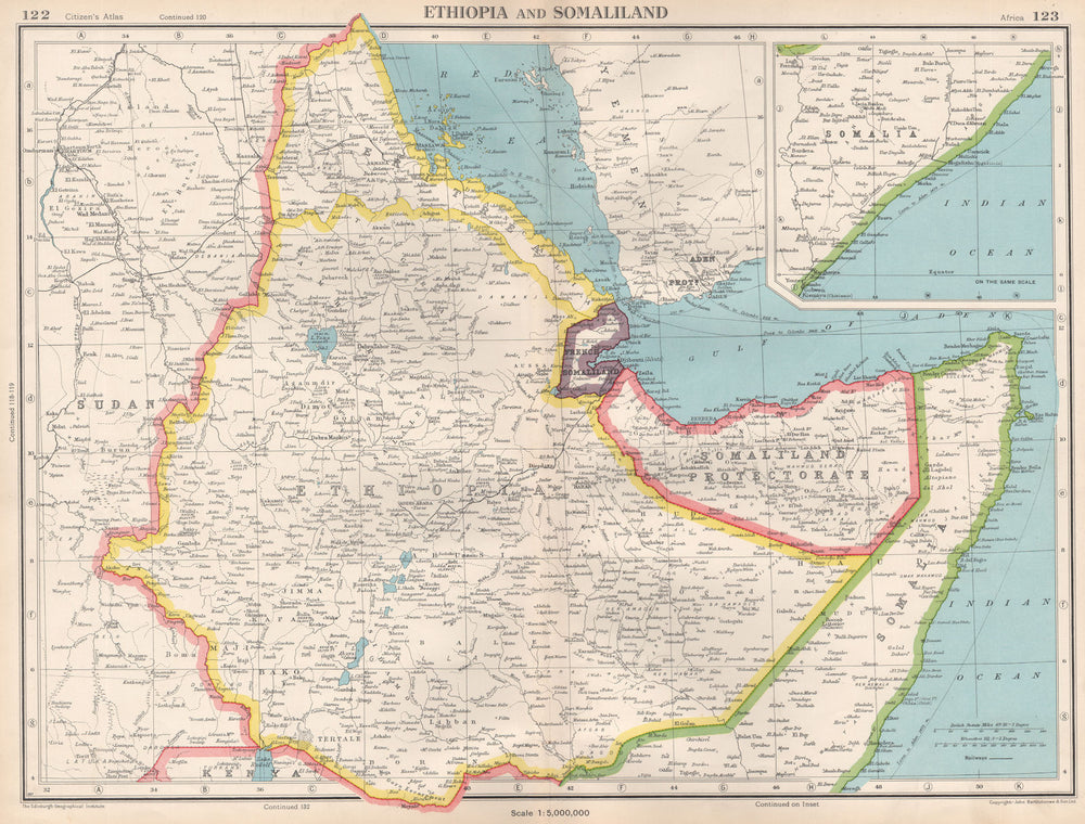 HORN OF AFRICA. Ethiopia French Somaliland Protectorate Somalia 1952 old map