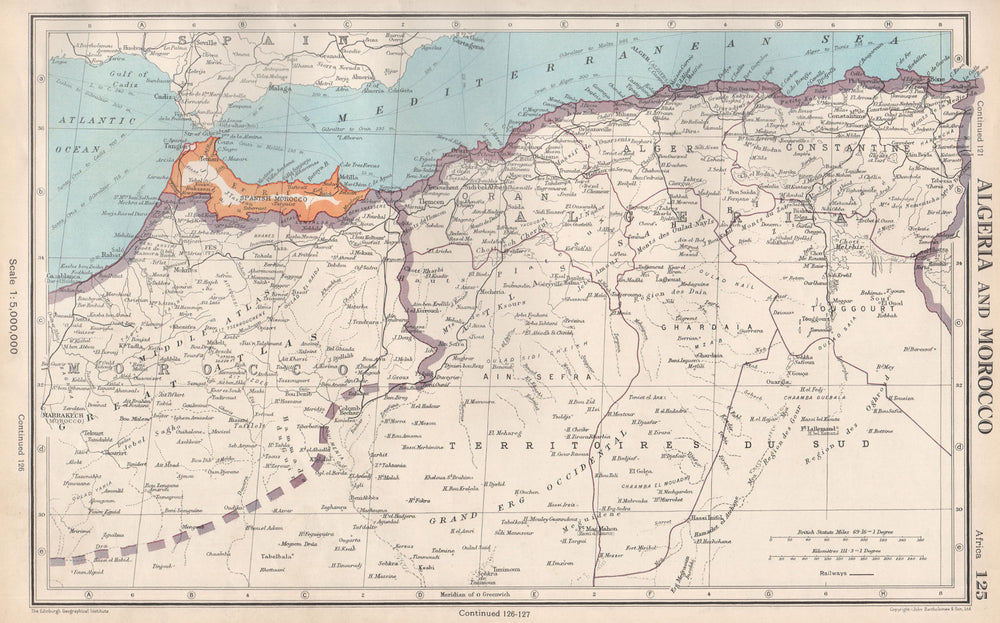 ALGERIA AND MOROCCO. showing Spanish Morocco. BARTHOLOMEW 1952 old vintage map