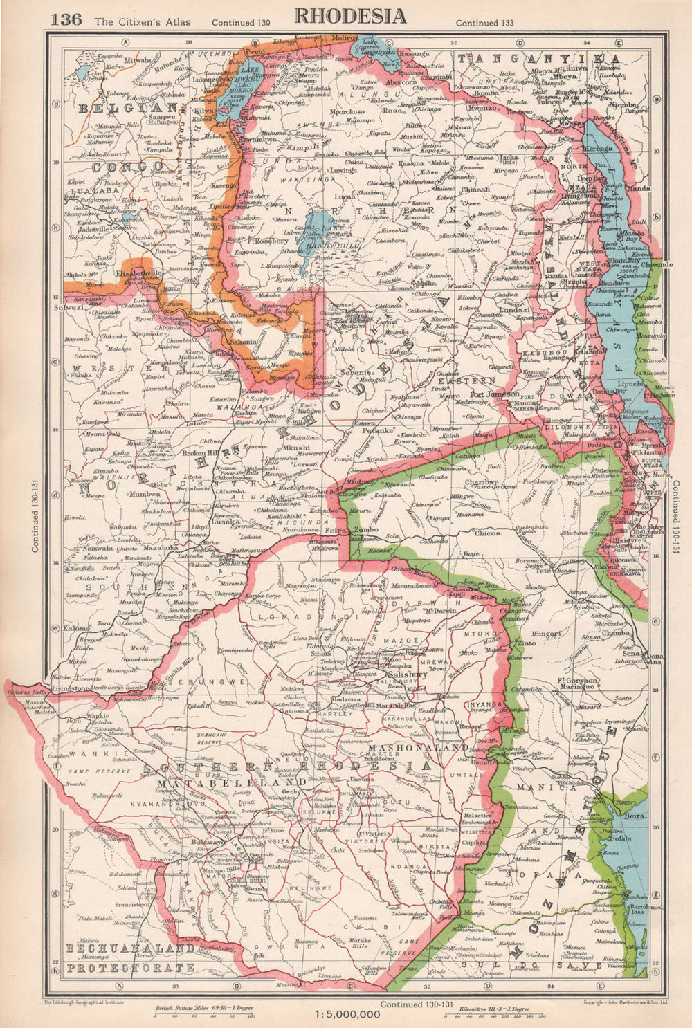 RHODESIA. Southern/Northern Rhodesia. Zimbabwe. Zambia. BARTHOLOMEW 1952 map