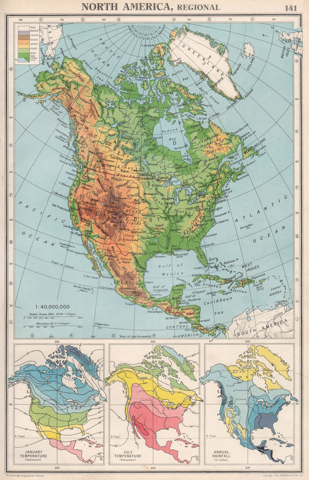 NORTH AMERICA PHYSICAL & CLIMATE. Temperature. Rainfall. BARTHOLOMEW 1952 map