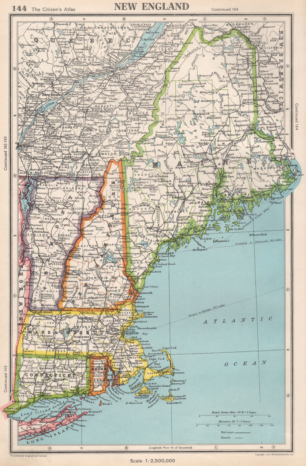 NEW ENGLAND. Connecticut Massachusetts Vermont NH Maine RI. BARTHOLOMEW 1952 map