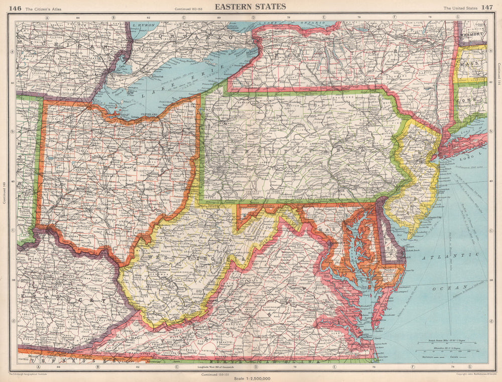USA EASTERN STATES.WV Virginia Pennsylvania MD Delaware New Jersey Ohio 1952 map