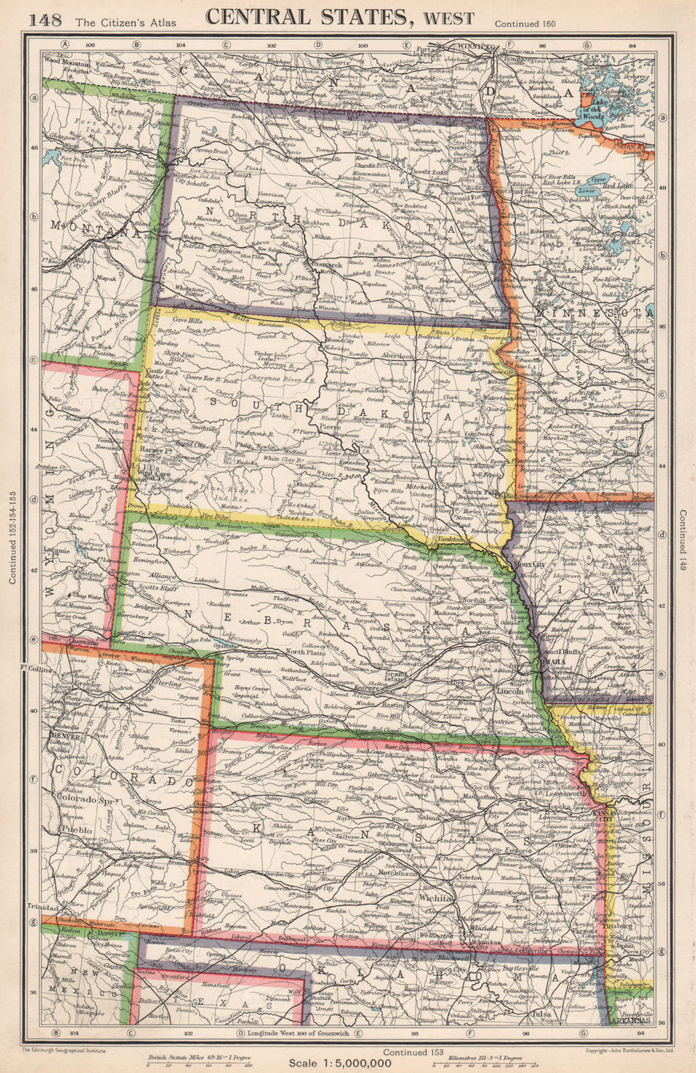USA PLAINS STATES. North & South Dakota Nebraska Kansas. BARTHOLOMEW 1952 map