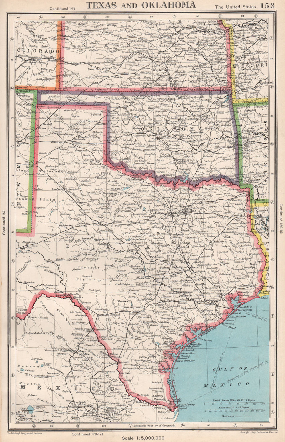TEXAS AND OKLAHOMA. USA state map. BARTHOLOMEW 1952 old vintage plan chart