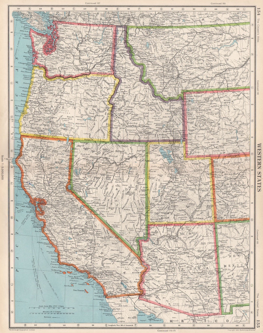 USA WESTERN STATES. California Washington WA ID NV AZ UT. BARTHOLOMEW 1952 map