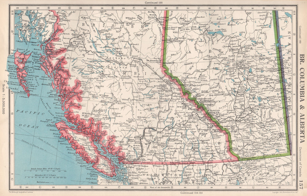 CANADA. British Columbia & Alberta. Railways. BARTHOLOMEW 1952 old vintage map