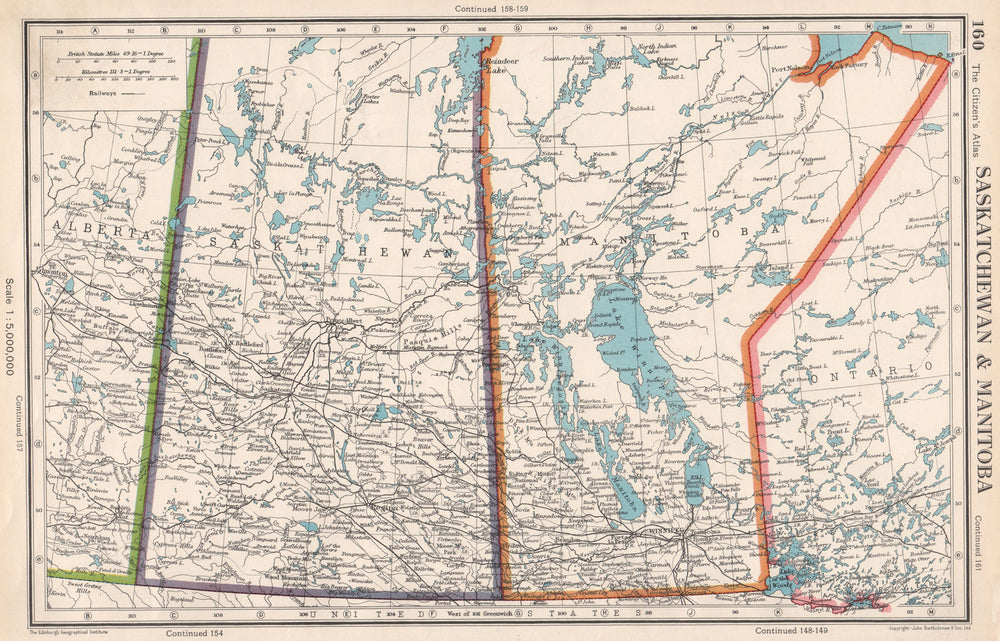 SASKATCHEWAN & MANITOBA. provinces. Canada. Railways. BARTHOLOMEW 1952 old map