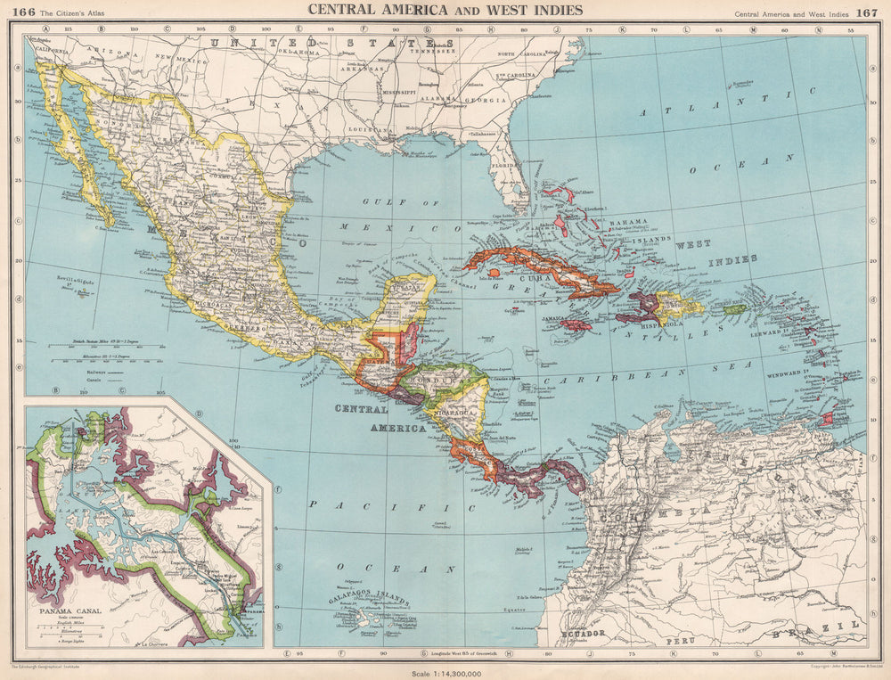 CARIBBEAN/CENTRAL AMERICA. Inset Panama Canal Zone. BARTHOLOMEW 1952 old map