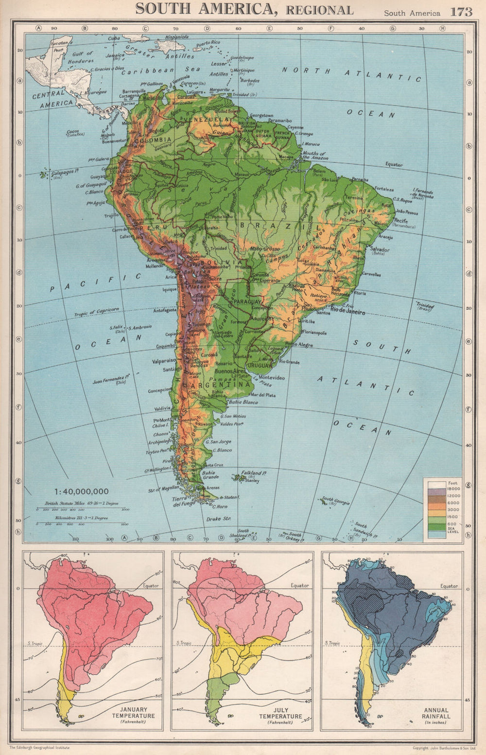 SOUTH AMERICA. Physical Temperature & Rainfall. BARTHOLOMEW 1952 old map