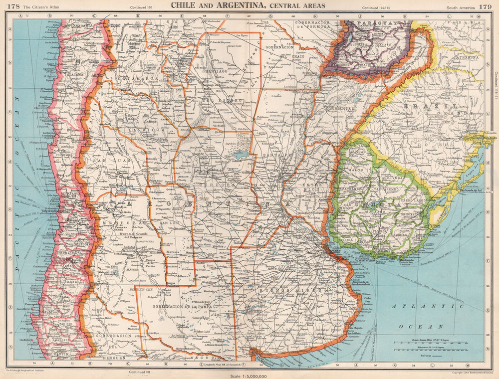 CENTRAL CHILE AND ARGENTINA. Showing provinces. Uruguay. BARTHOLOMEW 1952 map