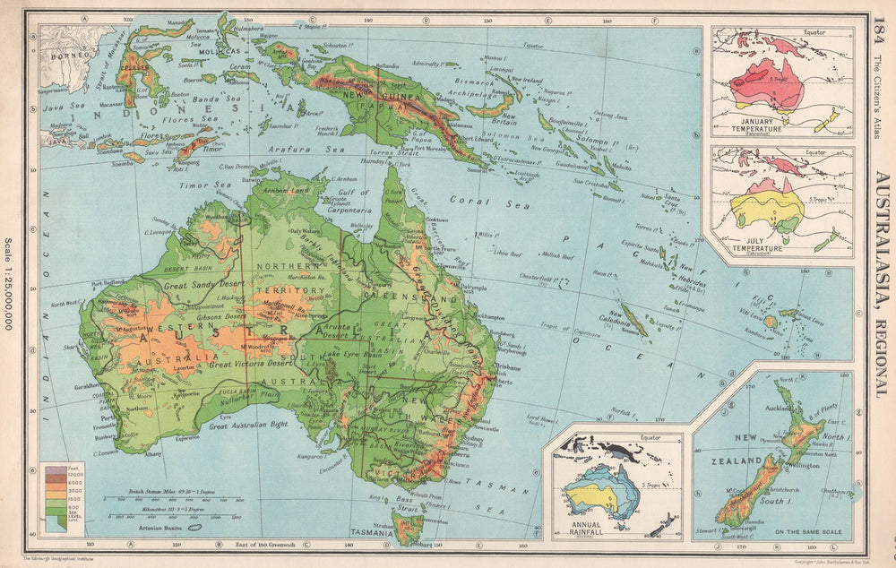 AUSTRALASIA. January & July temperature; Annual rainfall. BARTHOLOMEW 1952 map