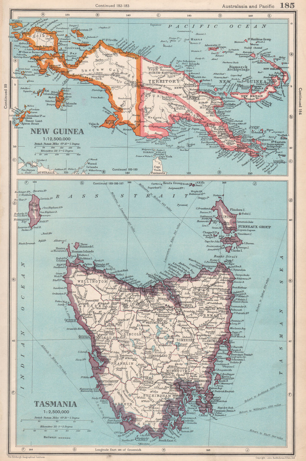 AUSTRALASIA. New Guinea; Tasmania showing counties. BARTHOLOMEW 1952 old map