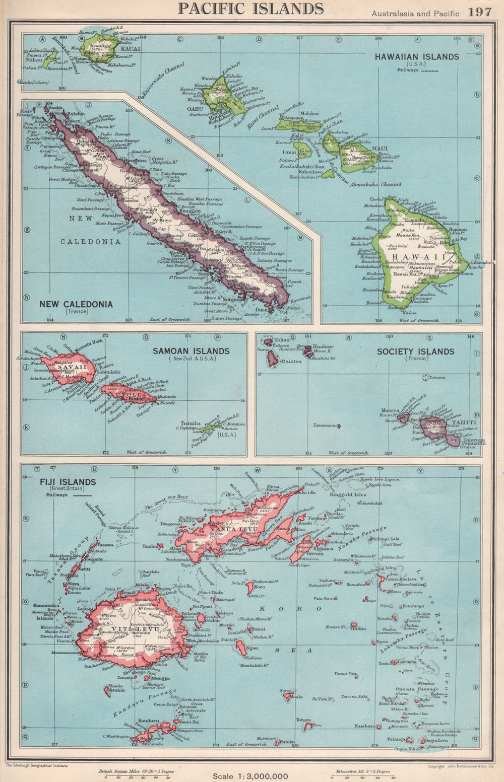 PACIFIC ISLANDS. Hawaii Samoa Fiji New Caledonia Society Islands 1952 old map