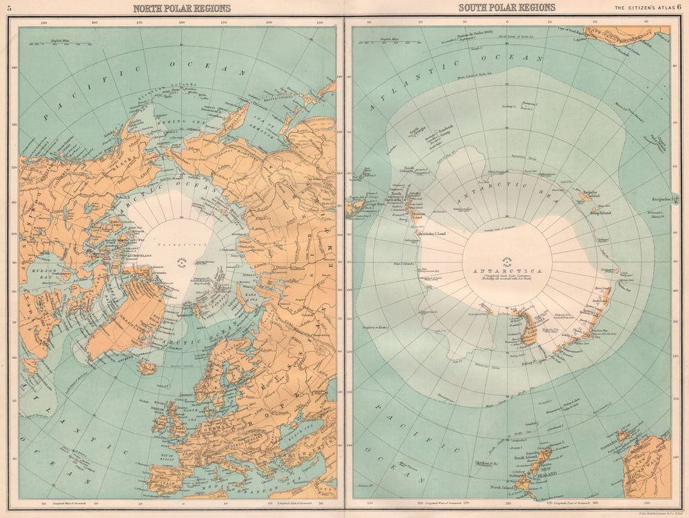 ARCTIC & ANTARCTIC.North & South Pole.Explorers positions.BARTHOLOMEW 1898 map