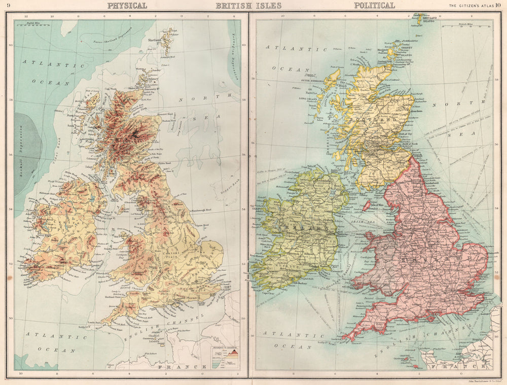 BRITISH ISLES.Physical & Political.England Ireland Scotland.BARTHOLOMEW 1898 map