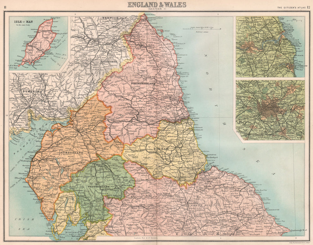 NORTHERN ENGLAND. Cumbs Westm Northumbs Durham Manchester. BARTHOLOMEW 1898 map