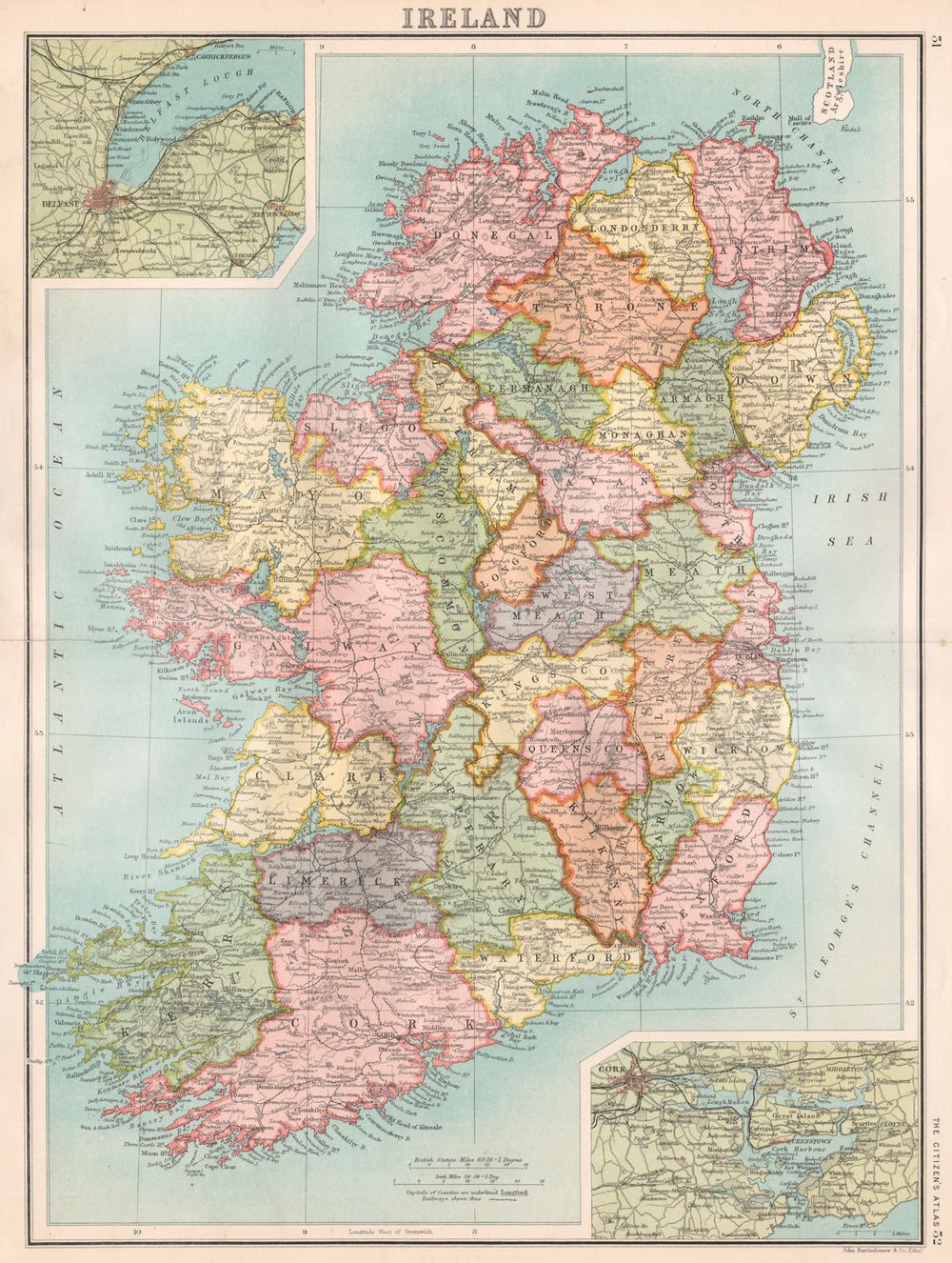 IRELAND. showing counties. Inset Belfast & Cork. BARTHOLOMEW 1898 old map