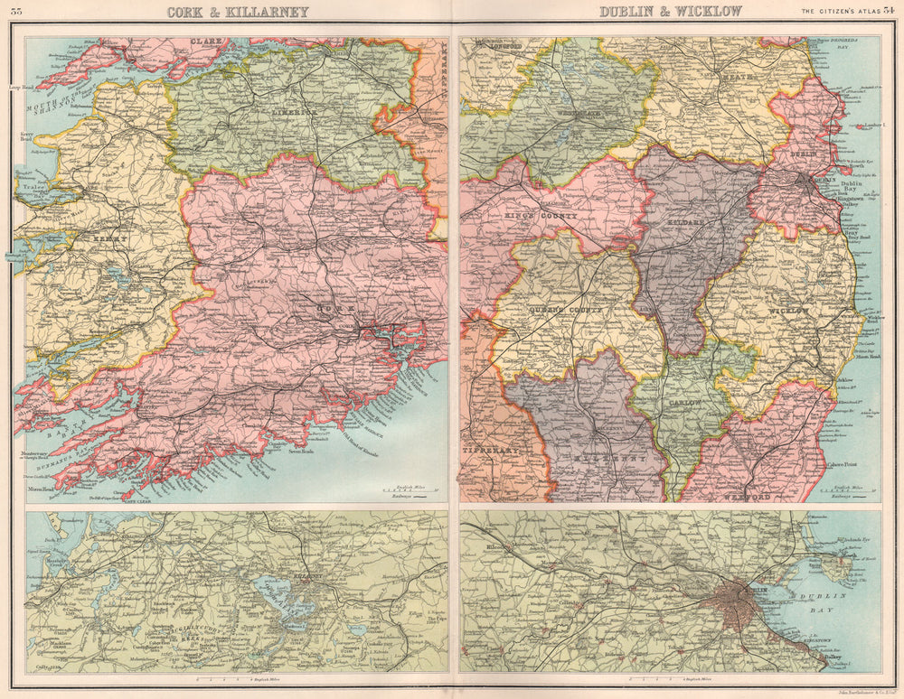 IRELAND SW & EAST. Cork & Killarney; Dublin & Wicklow. BARTHOLOMEW 1898 map