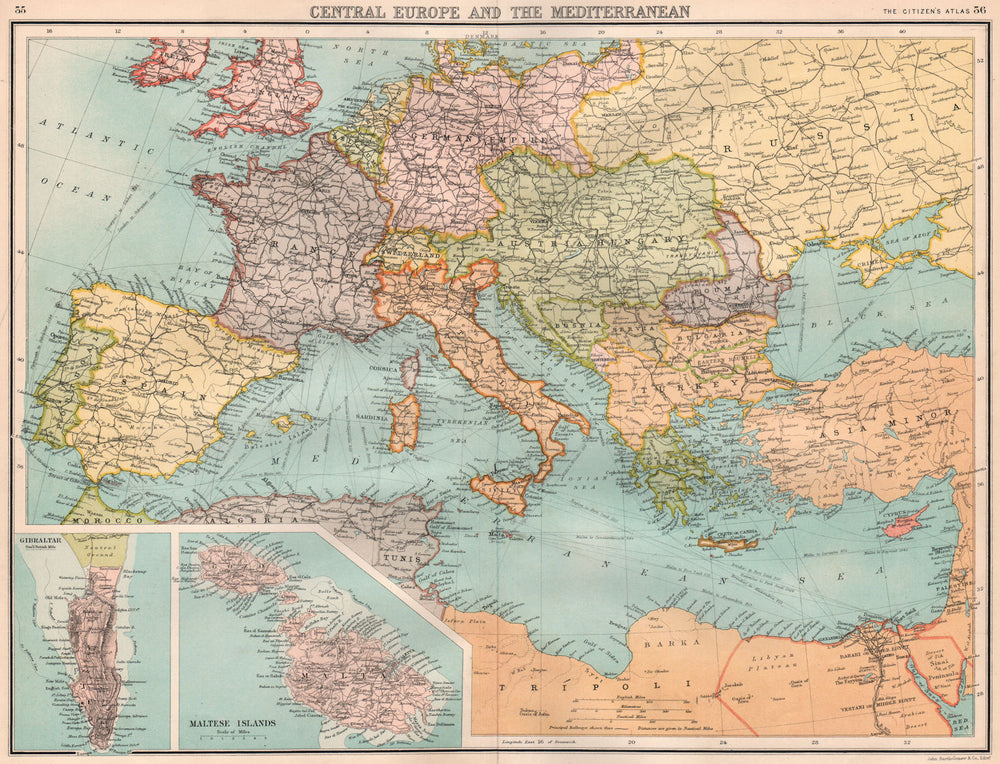 SOUTHERN EUROPE & MEDITERRANEAN. inset Gibraltar & Malta. BARTHOLOMEW 1898 map