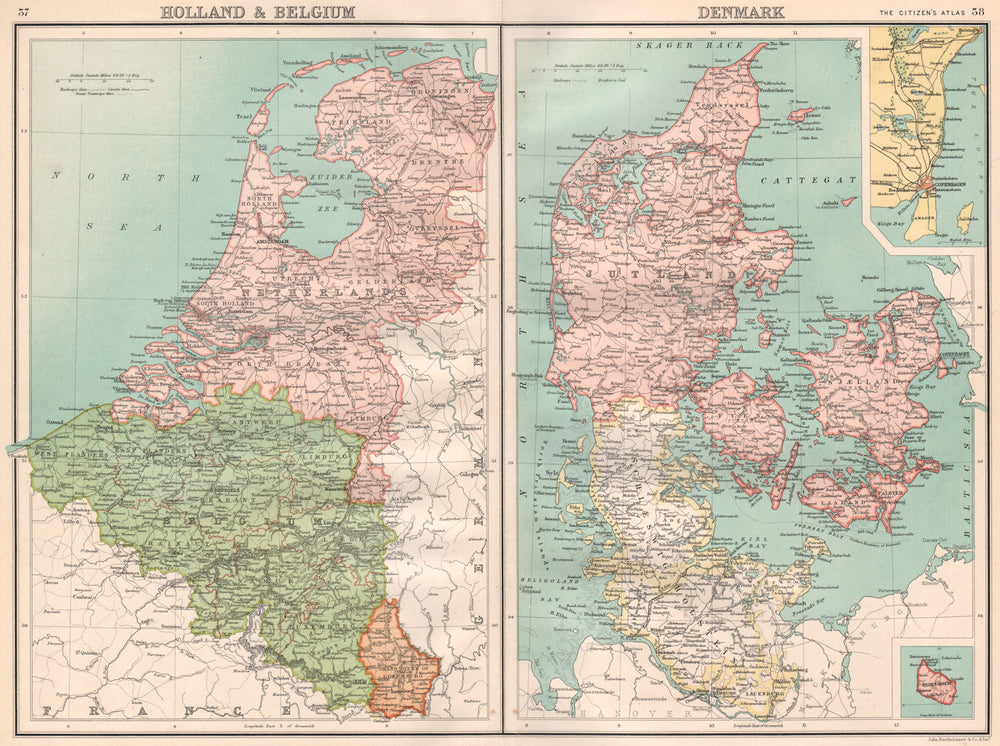 BENELUX & DENMARK. Holland Belgium Luxembourg. Copenhagen. BARTHOLOMEW 1898 map