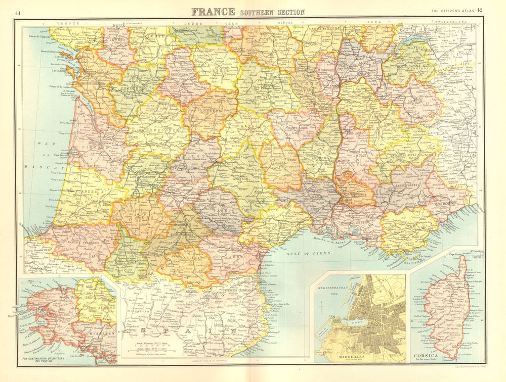 FRANCE SOUTH. + Brittany. Inset Marseilles plan. BARTHOLOMEW 1898 old map
