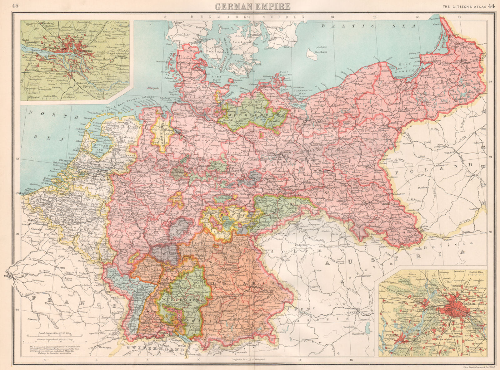 GERMANY. German Empire; inset Hamburg; Berlin. BARTHOLOMEW 1898 old map ...