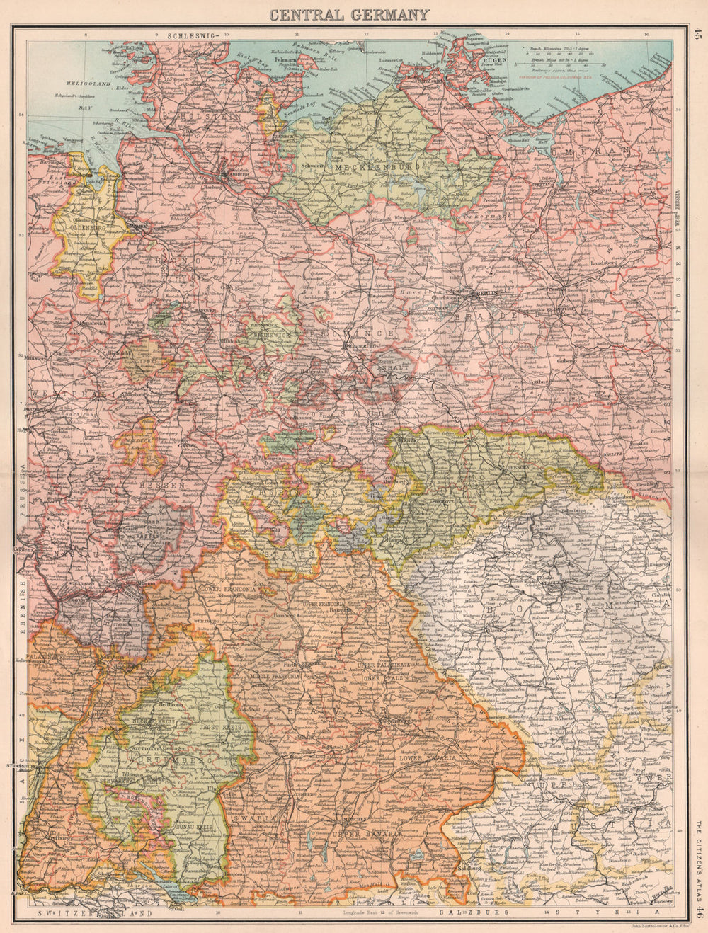 GERMANY. Central Germany showing states. BARTHOLOMEW 1898 old antique map