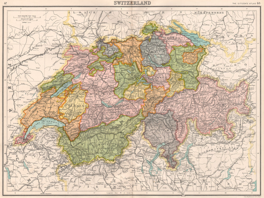SWITZERLAND. Showing cantons & railways. BARTHOLOMEW 1898 old antique map