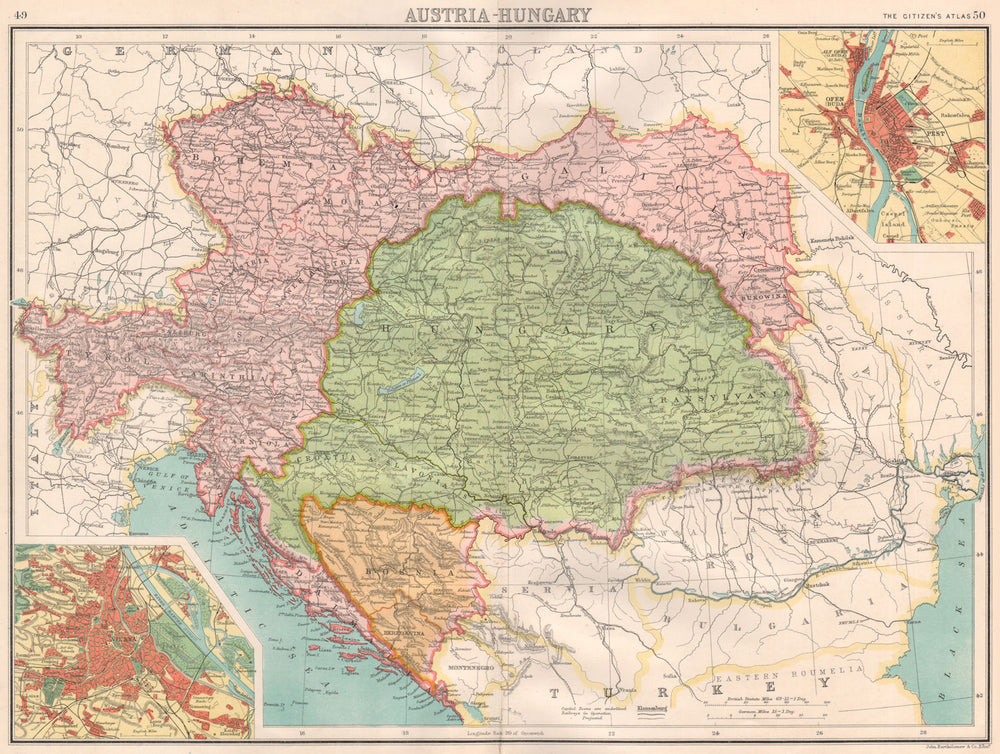 AUSTRIA-HUNGARY.Bosnia Galicia Bohemia.Vienna;Offen(Buda).BARTHOLOMEW 1898 map