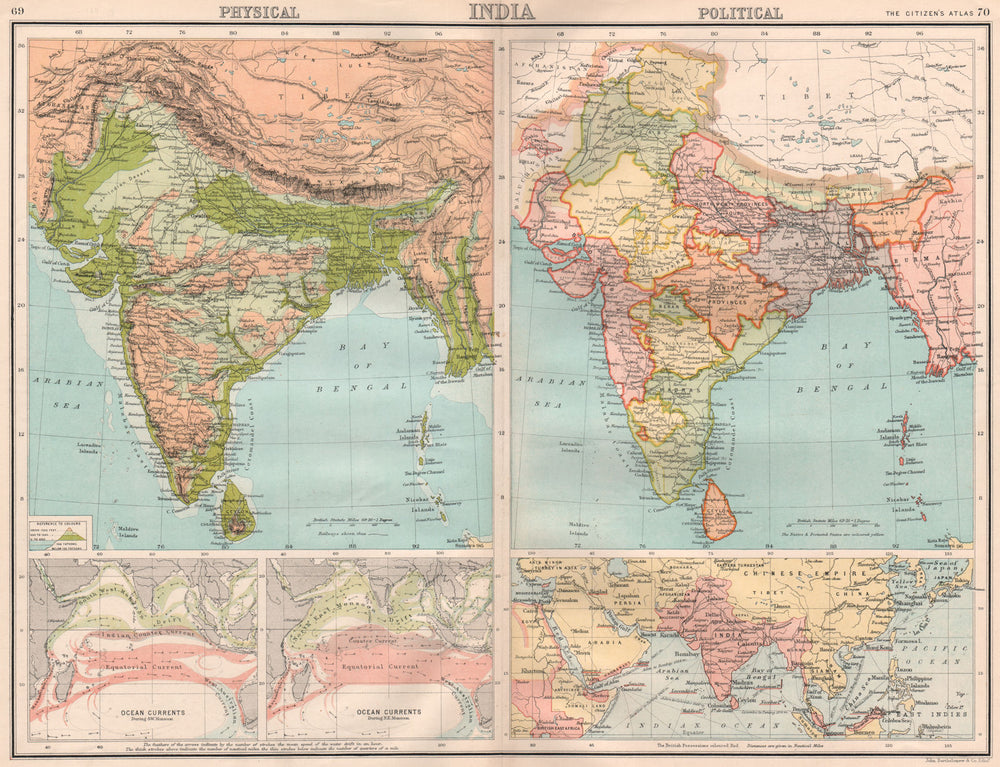 BRITISH INDIA PHYSICAL & POLITICAL. Indian Ocean currents. BARTHOLOMEW 1898 map