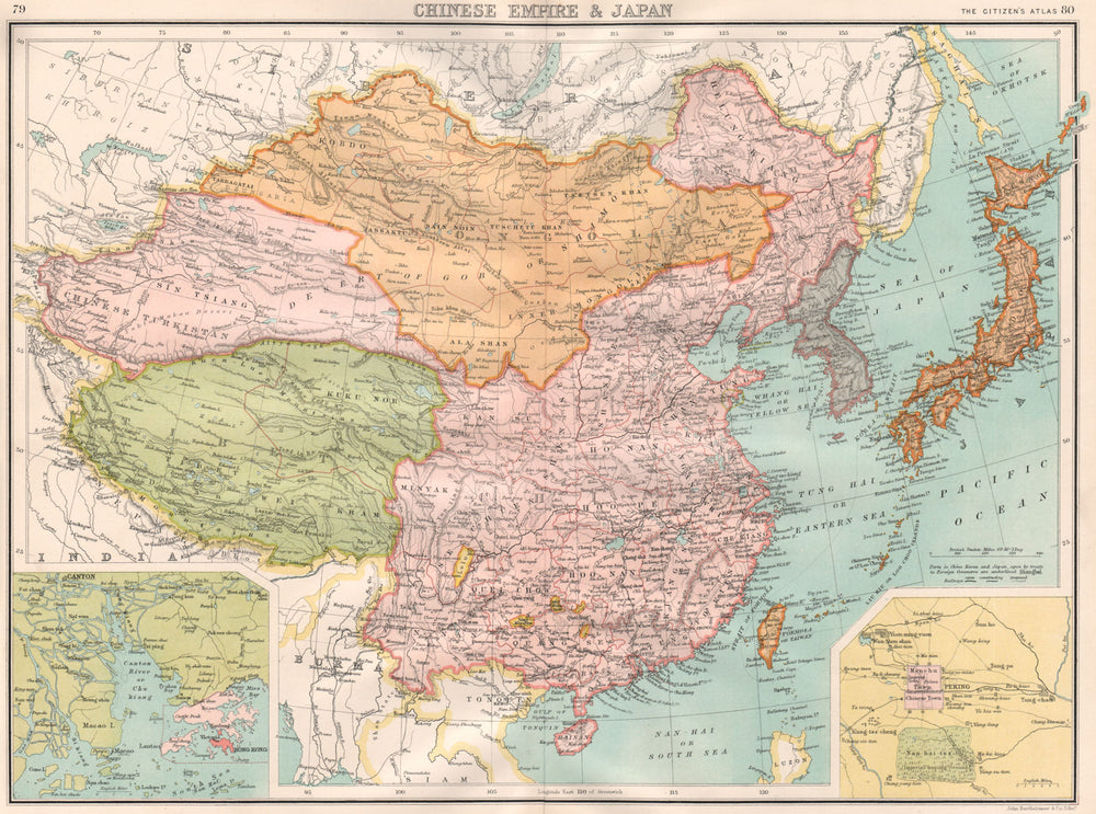 CHINESE EMPIRE & JAPAN. Tibet Turkistan Mongolia. Inset Hong Kong 1898 old map