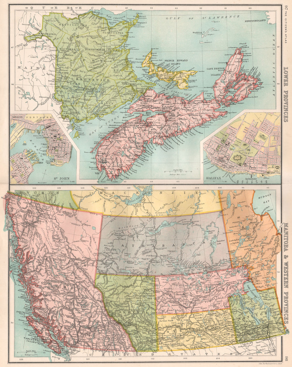 CANADA MARITIME WEST. NB NS PE BC. St. John Halifax. BARTHOLOMEW 1898 old map