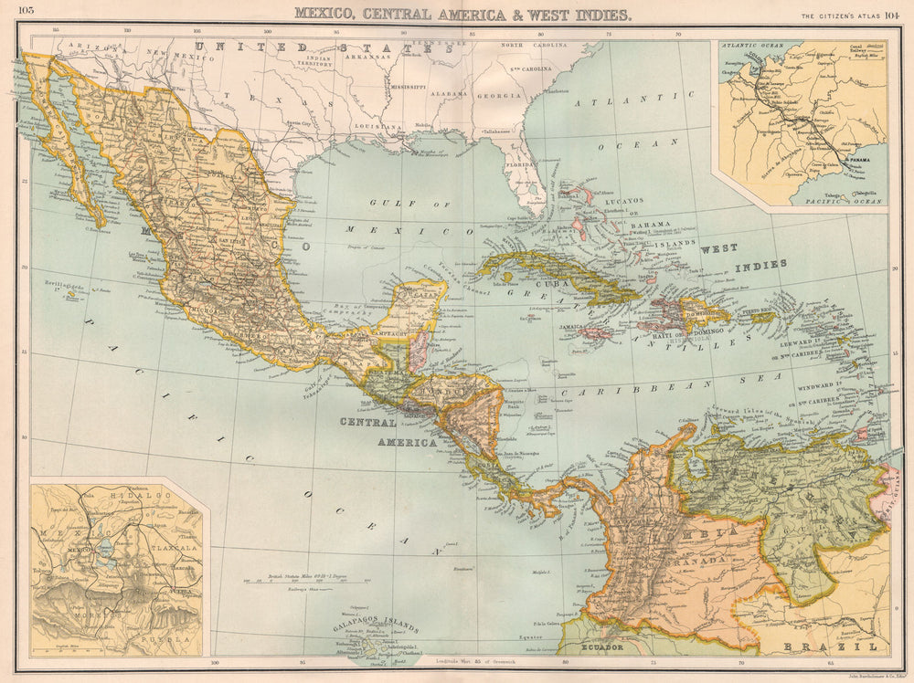 CENTRAL AMERICA. Mexico & Caribbean. Panama canal. BARTHOLOMEW 1898 old map