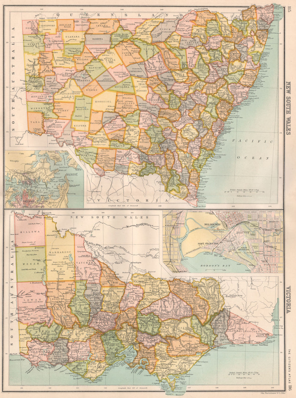NEW SOUTH WALES & VICTORIA.Counties.Inset Melbourne Sydney.BARTHOLOMEW 1898 map