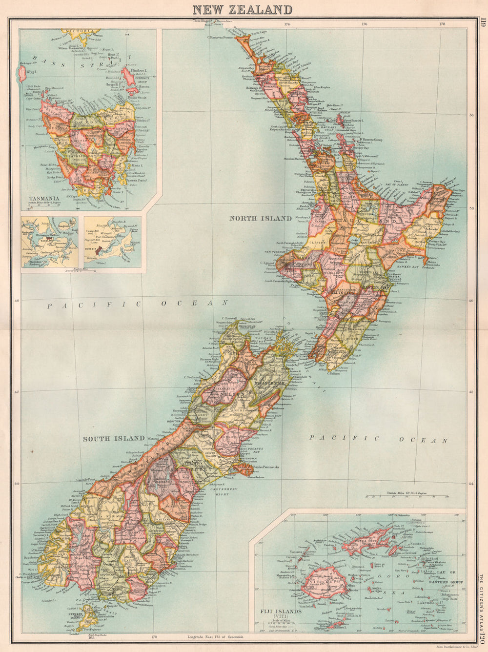 NEW ZEALAND & TASMANIA.Showing counties.Inset Fiji Islands.BARTHOLOMEW 1898 map