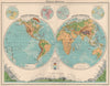 WORLD-PHYSICAL. Hemispheres. Mountain heights. Snowline. Glacier line 1924 map