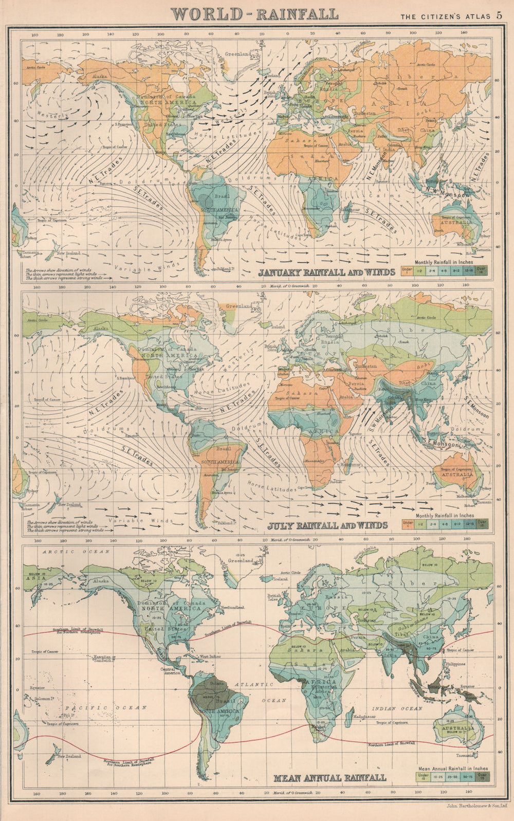 WORLD CLIMATE.January July Rainfall Winds.Snowfall limits.BARTHOLOMEW 1924 map