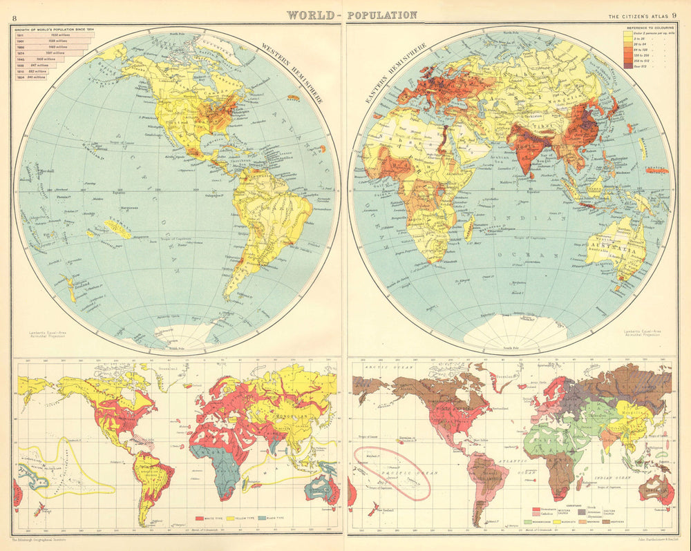 WORLD-POPULATION. Races & Religions. BARTHOLOMEW 1924 old antique map chart