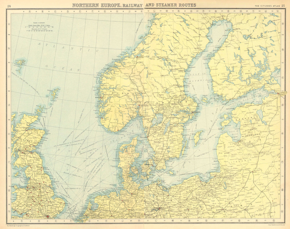 NORTHERN EUROPE. Railway and Steamer Routes. BARTHOLOMEW 1924 old antique map