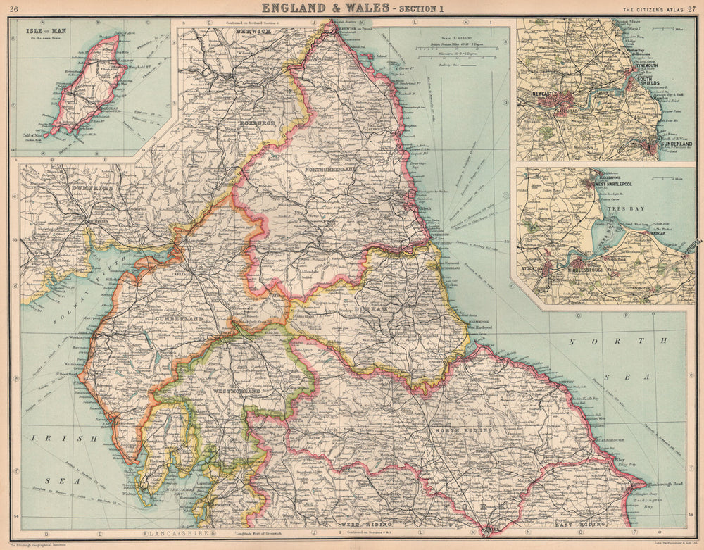 NORTHERN ENGLAND. Northumbs Durham Cumbs Westm Yorkshire North Riding 1924 map