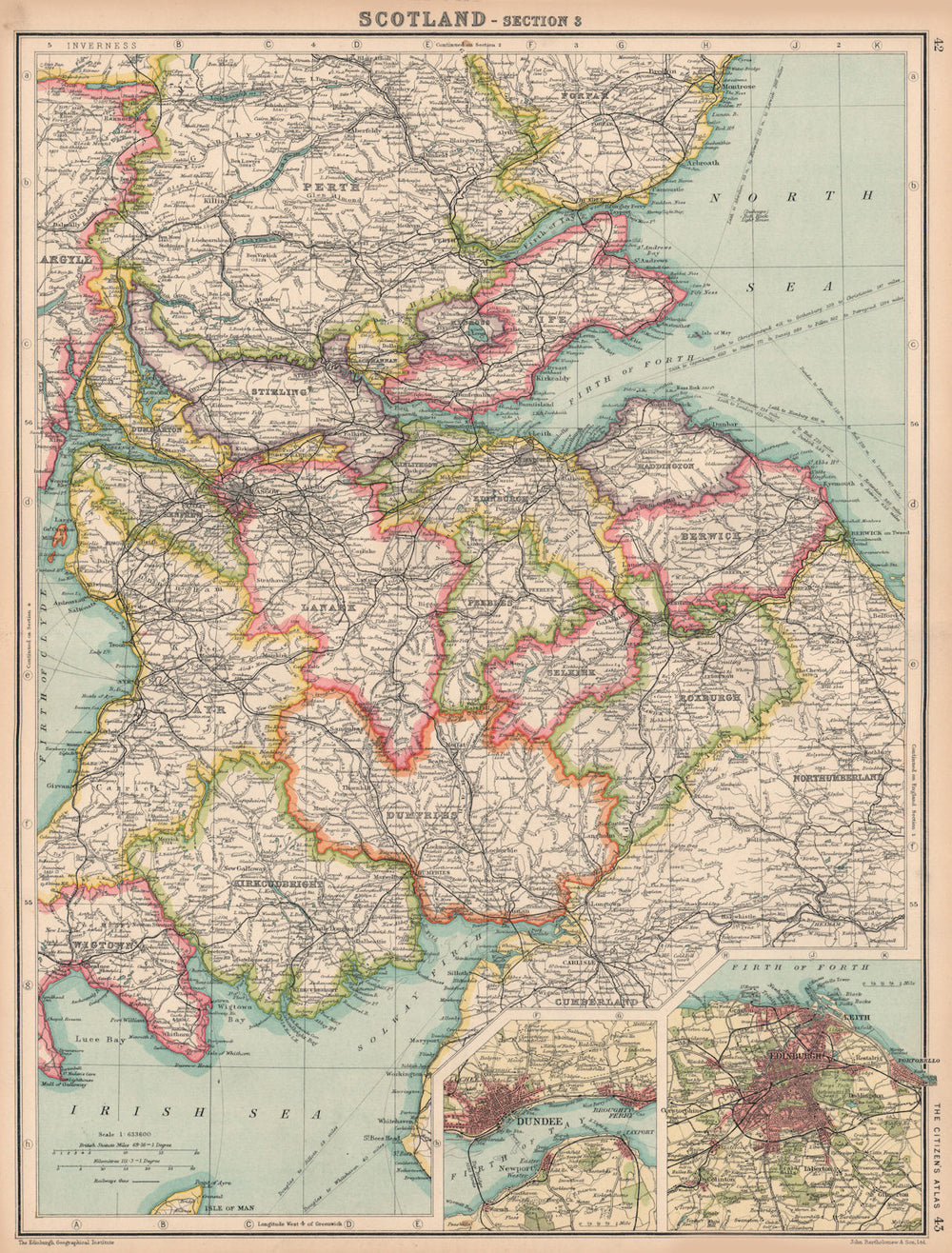 Old Map Inset SCOTLAND SOUTH & CENTRAL. Inset Edinburgh & Dundee. BARTHOLOMEW 1924 ...