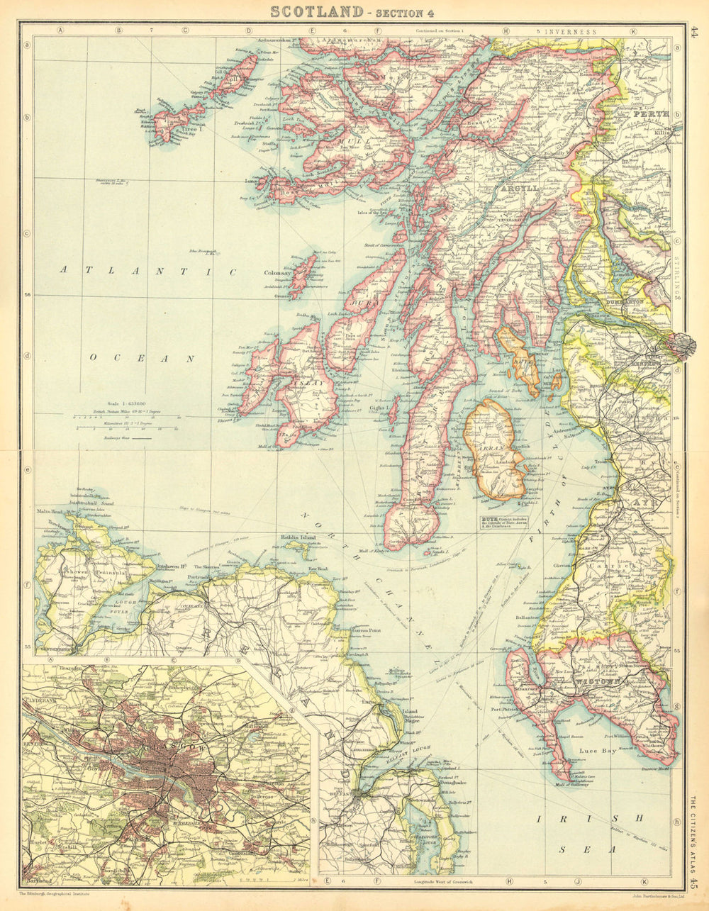 ARGYLL & ANTRIM. Scotland SW. Islay Jura Arran Bute Kintyre. Glasgow 1924 map