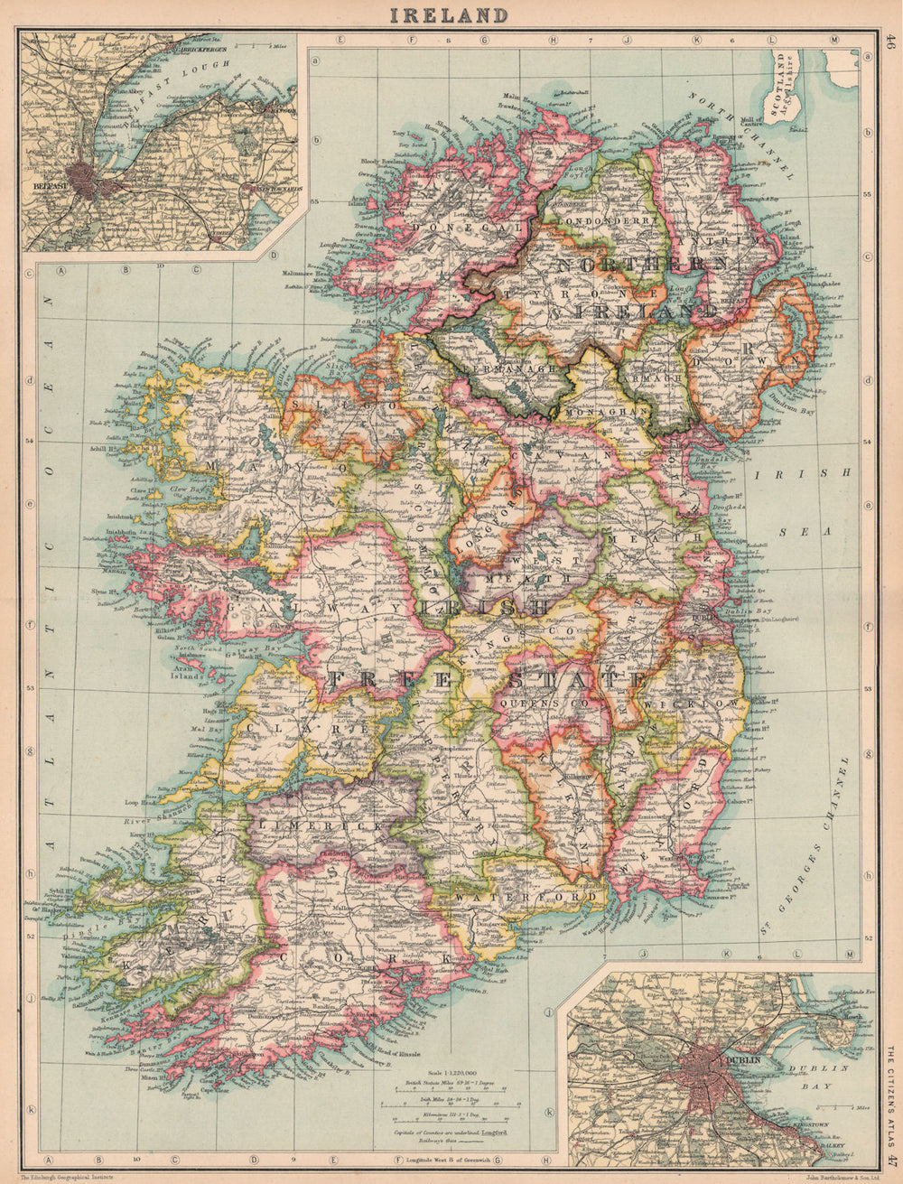 IRISH FREE STATE.+ Northern Ireland.Inset Belfast;Dublin.BARTHOLOMEW 1924 map