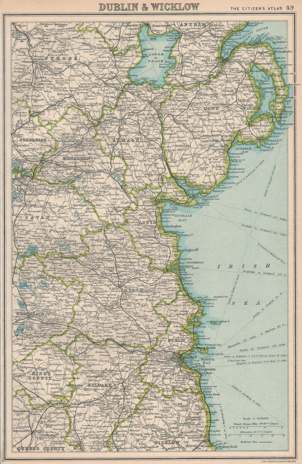 IRELAND EAST COAST. Dublin Meath Louth Down Armagh Monaghan Kildare 1924 map