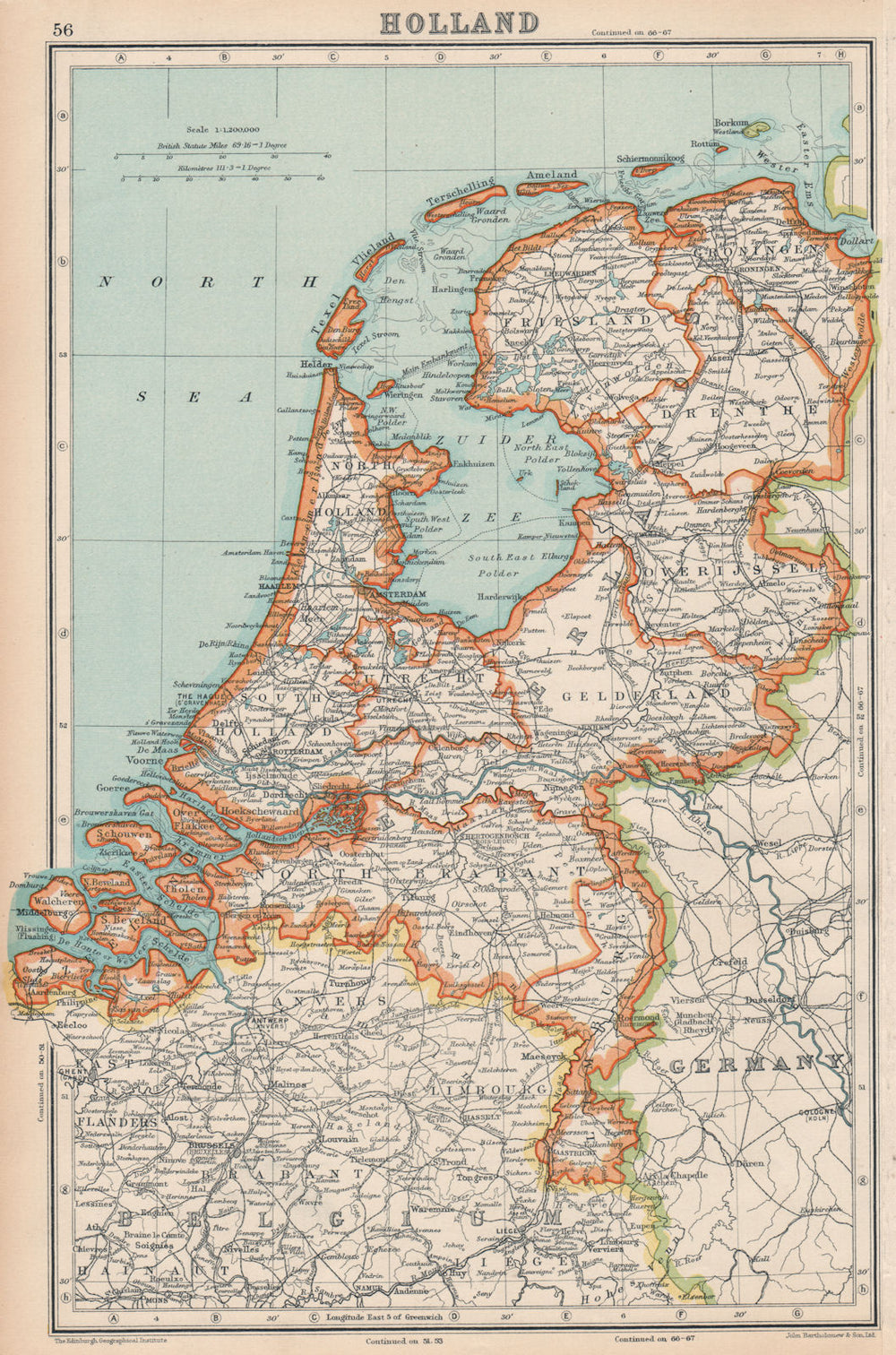 NETHERLANDS. Holland. General map. BARTHOLOMEW 1924 old antique plan chart