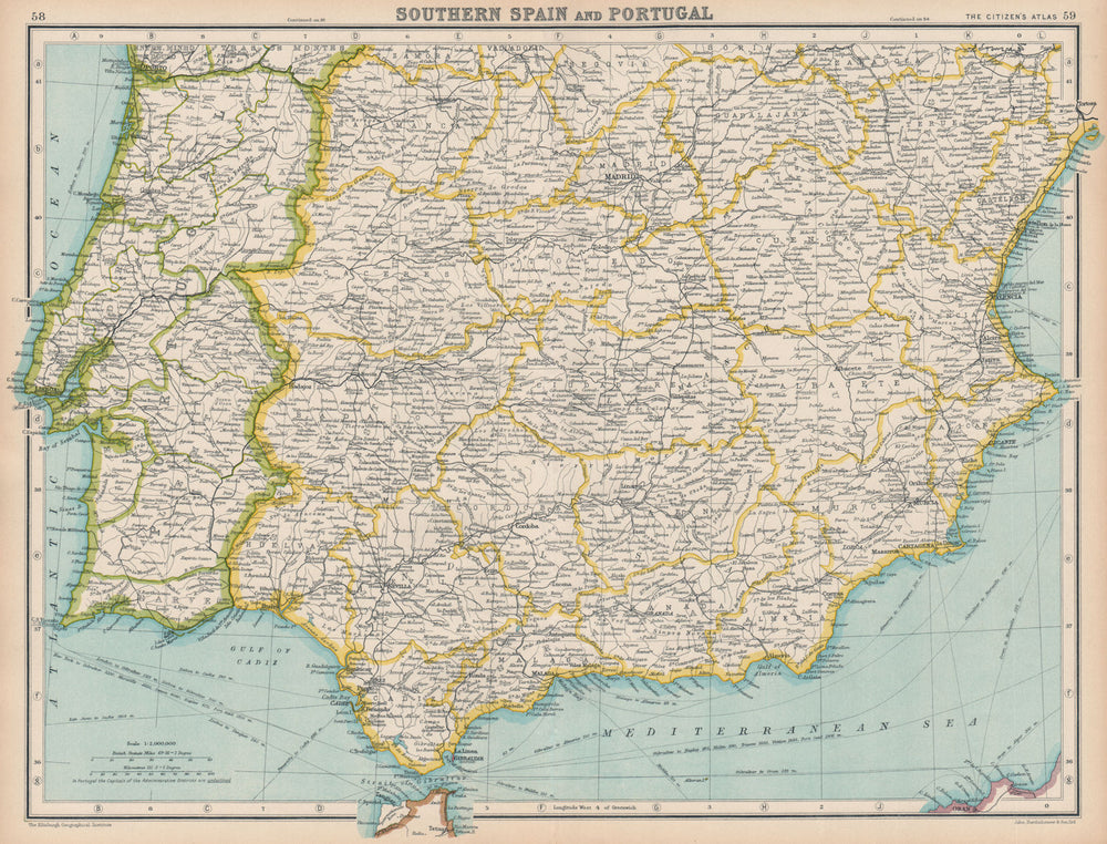 IBERIA. Southern Spain and Portugal. BARTHOLOMEW 1924 old antique map chart